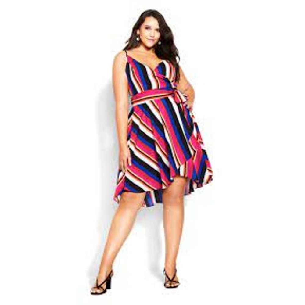 City Chic Embracing True Wrap Rainbow Stripes Dress M 18 Barbie Magenta Knee